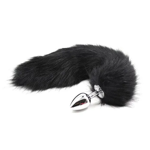 Black Faux Fur Tail with metal butt plug-MEDIUM