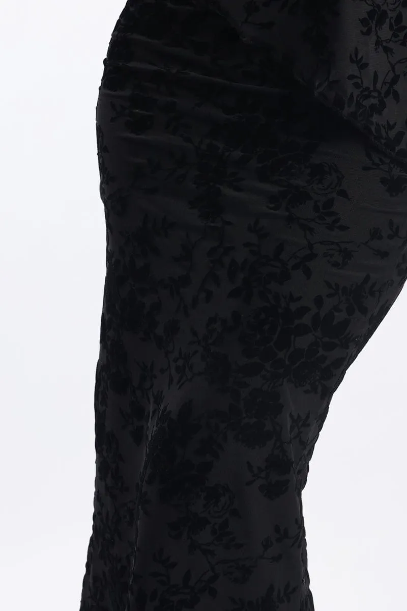 Black Floral Burnout Skirt Elasticated Picot Trim Midaxi