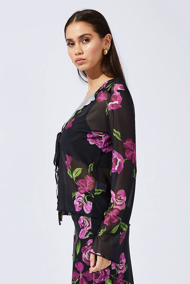 Black Floral Cardigan Long Sleeve