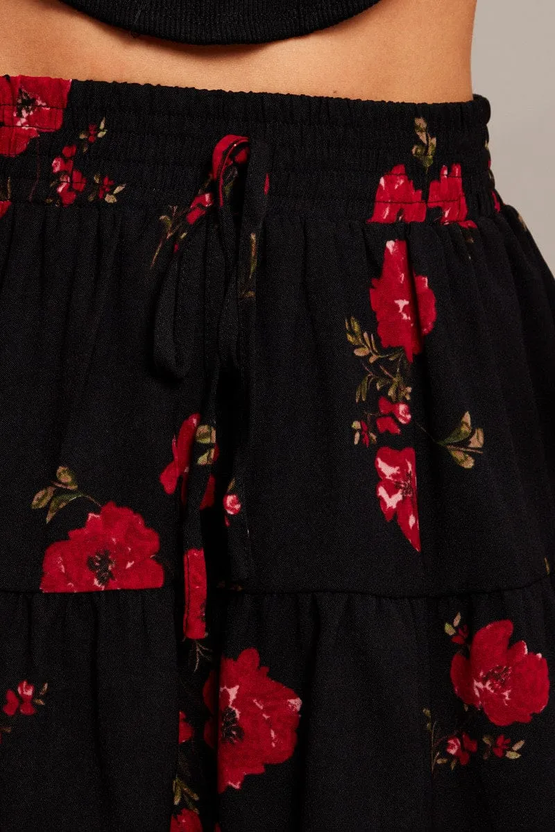 Black Floral Skater Skirt Mini