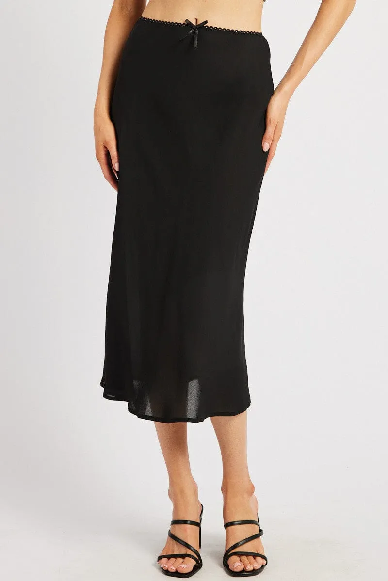 Black Slip Skirt High Rise Elastic Waist Midi