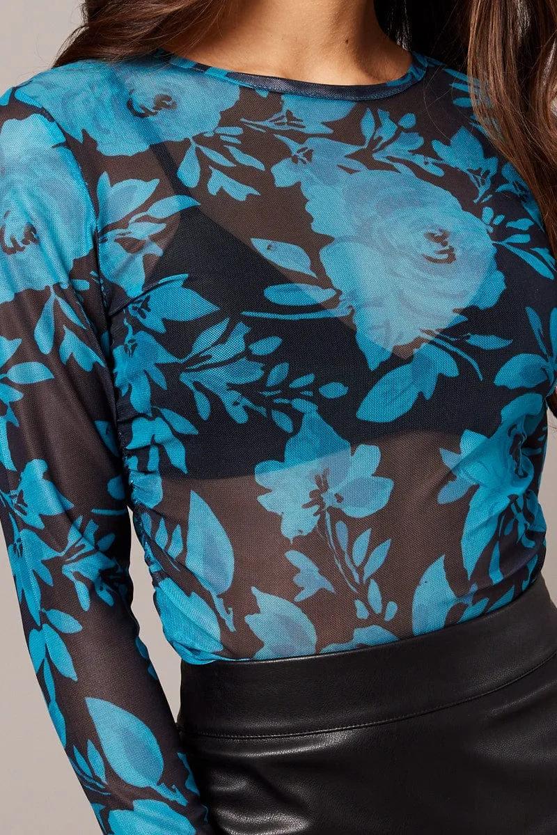 Blue Floral Mesh Top Long Sleeve Side Rushed