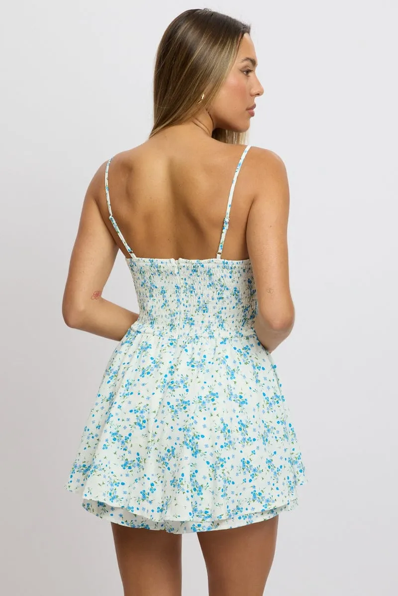 Blue Floral Playsuit Cowlneck Strappy