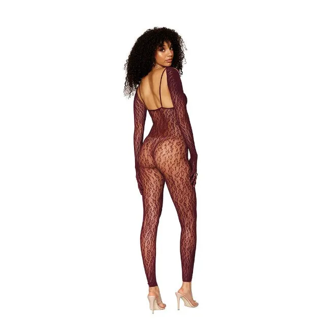 Costum erotic DREAMGIRL Catsuit Bodystocking. cu mănuși sexy detașabile. din dantelă cu animal print leopard. mărime universală. burgundy