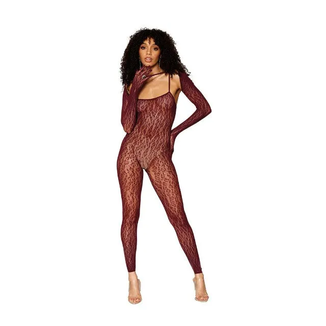 Costum erotic DREAMGIRL Catsuit Bodystocking. cu mănuși sexy detașabile. din dantelă cu animal print leopard. mărime universală. burgundy