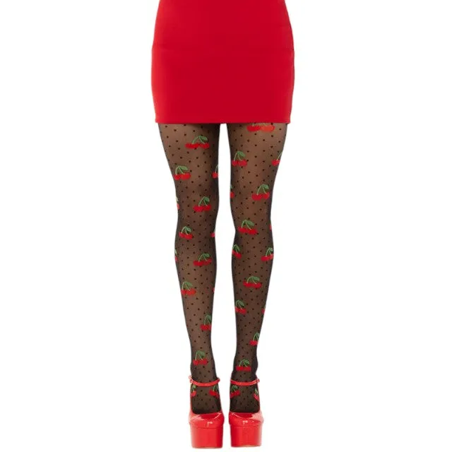 Dresuri LEG AVENUE Cherry Mole Stockings. design cu buline și cireșe roșii. culoare negru. mărime universală