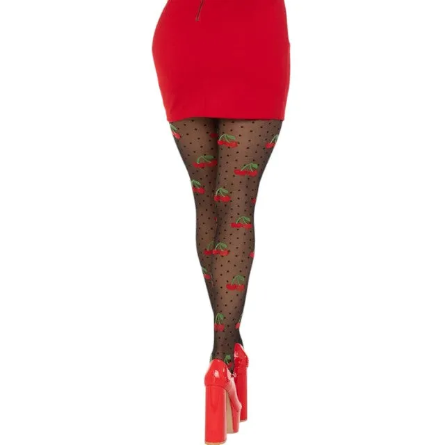 Dresuri LEG AVENUE Cherry Mole Stockings. design cu buline și cireșe roșii. culoare negru. mărime universală