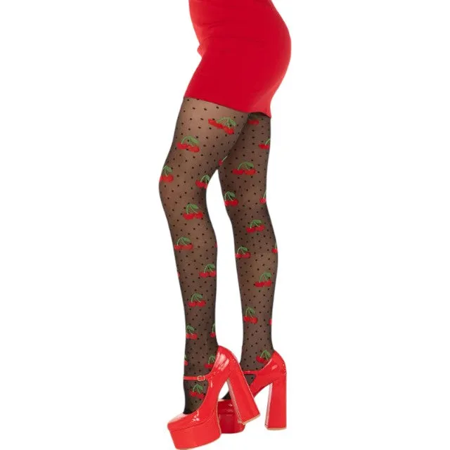 Dresuri LEG AVENUE Cherry Mole Stockings. design cu buline și cireșe roșii. culoare negru. mărime universală