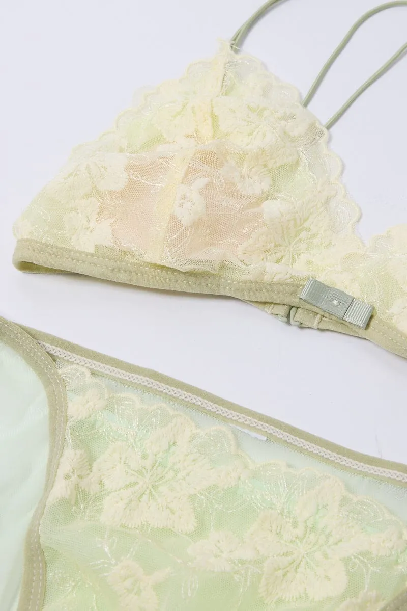 Green Floral Embroidery Lingerie Set
