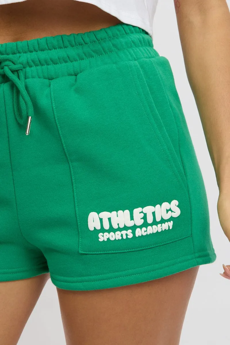 Green Track Shorts High Rise Elastic Waist