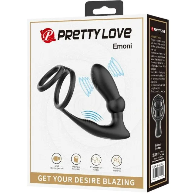 Inel dublu pentru penis cu plug anal PRETTY LOVE EMONI. 12 funcții de vibrație. 12 funcții de penetrare. culoare negru