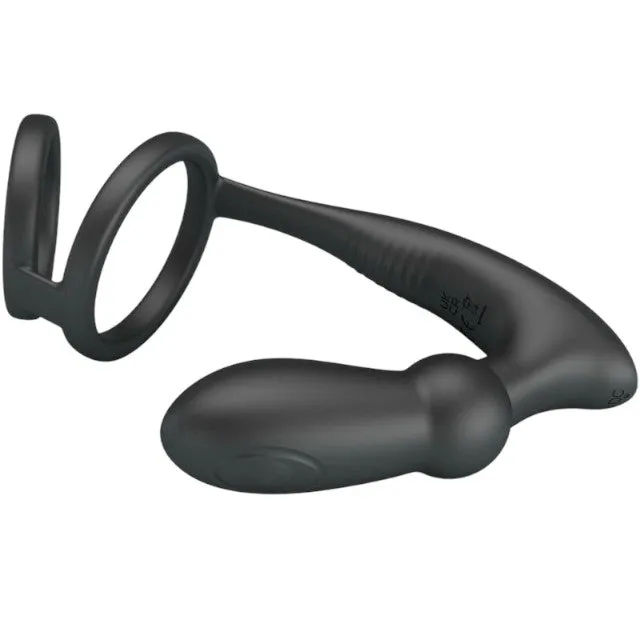 Inel dublu pentru penis cu plug anal PRETTY LOVE EMONI. 12 funcții de vibrație. 12 funcții de penetrare. culoare negru