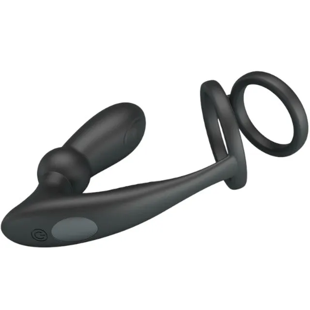 Inel dublu pentru penis cu plug anal PRETTY LOVE EMONI. 12 funcții de vibrație. 12 funcții de penetrare. culoare negru