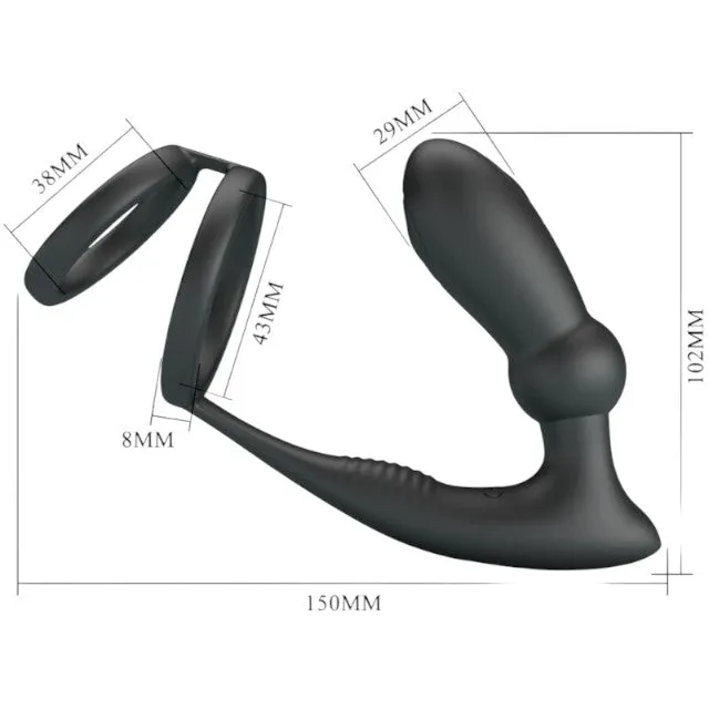 Inel dublu pentru penis cu plug anal PRETTY LOVE EMONI. 12 funcții de vibrație. 12 funcții de penetrare. culoare negru
