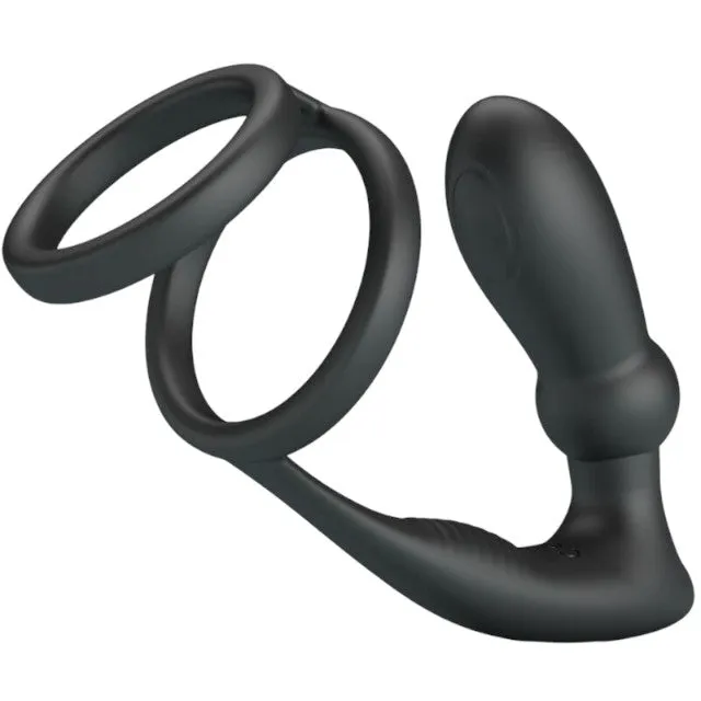 Inel dublu pentru penis cu plug anal PRETTY LOVE EMONI. 12 funcții de vibrație. 12 funcții de penetrare. culoare negru