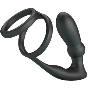 Inel dublu pentru penis cu plug anal PRETTY LOVE EMONI. 12 funcții de vibrație. 12 funcții de penetrare. culoare negru