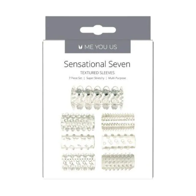 Kit manșoane pentru penis ME YOU US Sensational Seven. pentru stimulare intensă și îngroșare. cu 7 tipuri de striații. transparente
