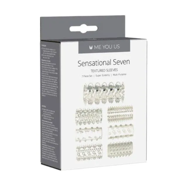 Kit manșoane pentru penis ME YOU US Sensational Seven. pentru stimulare intensă și îngroșare. cu 7 tipuri de striații. transparente