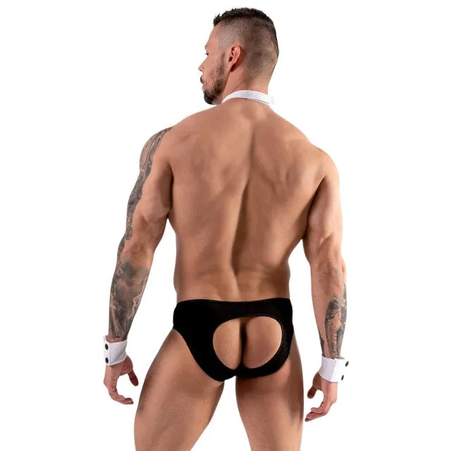 Lenjerie bărbați 4 piese SVENJOYMENT Sexy Butler Set. chilot cu decupaj pe fese. papion și manșete. mărime XL. alb cu negru (1731)