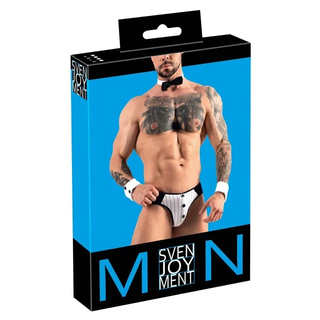 Lenjerie bărbați 4 piese SVENJOYMENT Sexy Butler Set. chilot cu decupaj pe fese. papion și manșete. mărime XL. alb cu negru (1731)