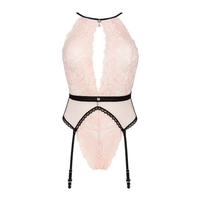 Lenjerie sexy 2 piese OBSESSIVE Lilines Body. teddy din dantelă și portjartier din plasă. culoare roz pastel cu negru. mărime S/M