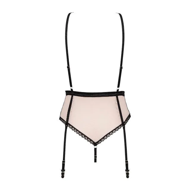 Lenjerie sexy 2 piese OBSESSIVE Lilines Body. teddy din dantelă și portjartier din plasă. culoare roz pastel cu negru. mărime S/M