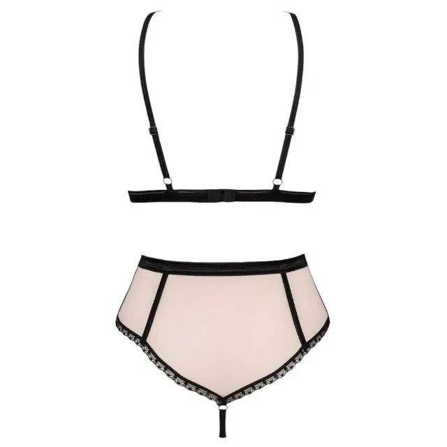 Lenjerie sexy 2 piese OBSESSIVE Lilines Set. cu sutien și chiloți cu talie înaltă. design cu dantelă și plasă. roz pastel cu negru. mărime S/M