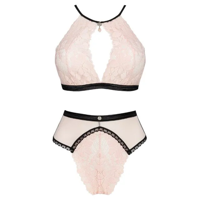 Lenjerie sexy 2 piese OBSESSIVE Lilines Set. cu sutien și chiloți cu talie înaltă. design cu dantelă și plasă. roz pastel cu negru. mărime S/M