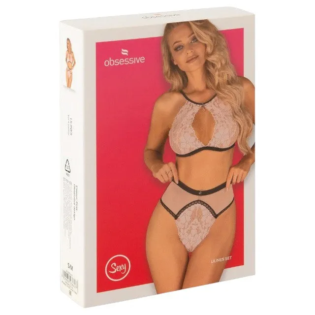 Lenjerie sexy 2 piese OBSESSIVE Lilines Set. cu sutien și chiloți cu talie înaltă. design cu dantelă și plasă. roz pastel cu negru. mărime S/M