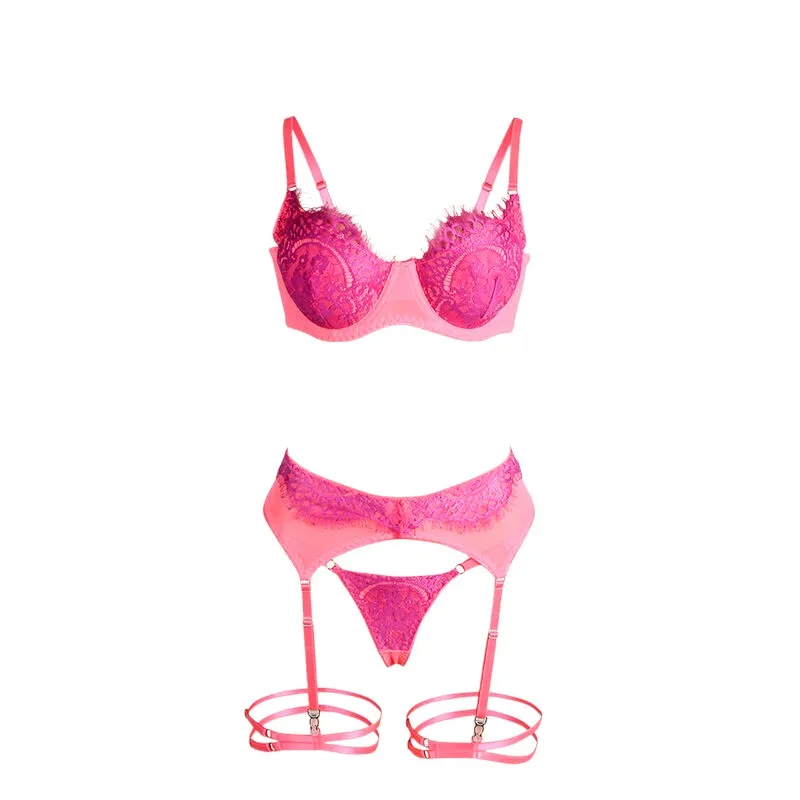 Lenjerie sexy 3 piese SUBBLIME Bra with Lace Garter. sutien. chilot tanga și portjartier. mov și roz. mărime S/M (955359)