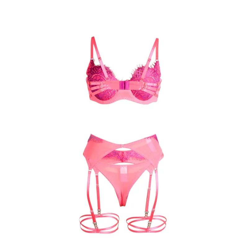 Lenjerie sexy 3 piese SUBBLIME Bra with Lace Garter. sutien. chilot tanga și portjartier. mov și roz. mărime S/M (955359)