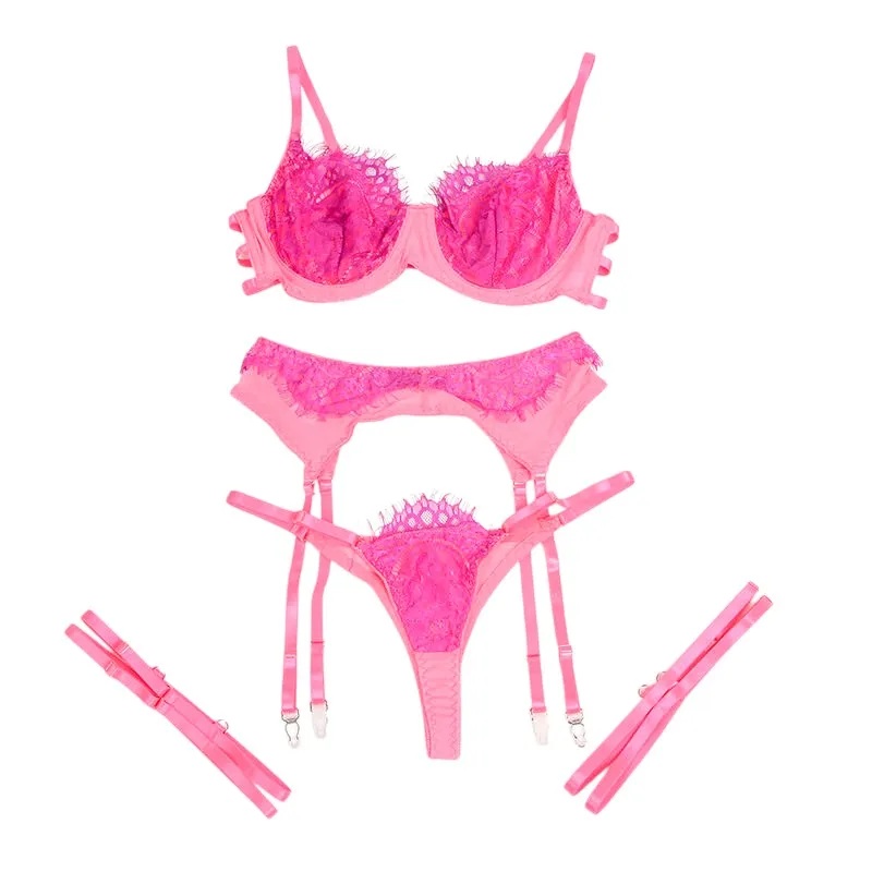 Lenjerie sexy 3 piese SUBBLIME Bra with Lace Garter. sutien. chilot tanga și portjartier. mov și roz. mărime S/M (955359)