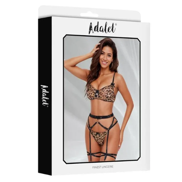 Lenjerie sexy 4 piese ADALET HELENA. cu sutien. chilot tanga. ham și portjartier. model cu animal print leopard. mărimea L-XL. model HELENA