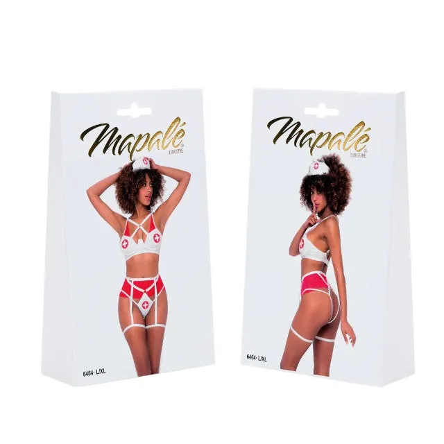 Lenjerie sexy asistentă MAPALÉ Nurse. cu sutien și chilot tanga cu jartiere și bonetă. culoare alb cu roșu. mărime L/XL