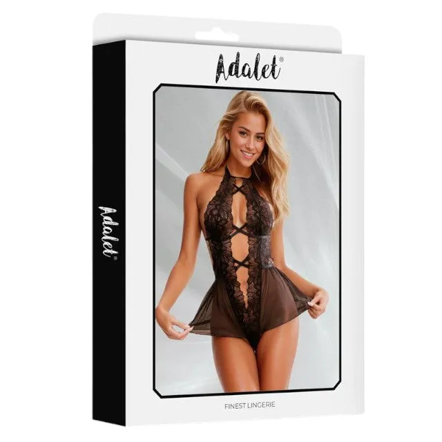 Lenjerie sexy teddy ADALET Ariella. body erotic din dantelă cu bretele subțiri încrucișate. negru. mărime S/M