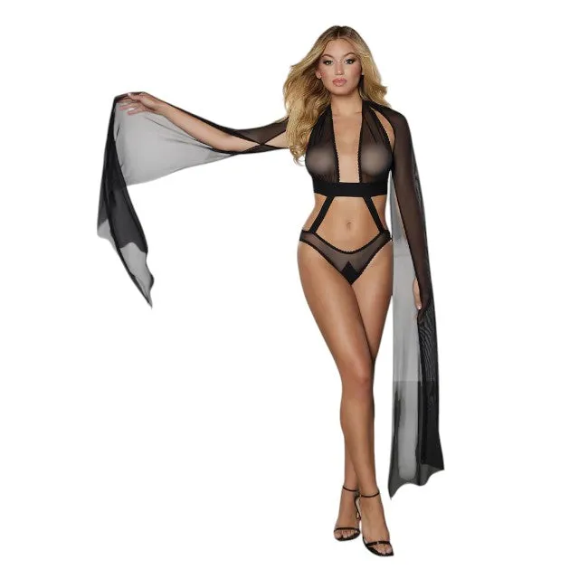 Lenjerie sexy teddy ALLURE Crazy in Love. body cu mâneci diafane din plasă. culoarea negru. mărime universală