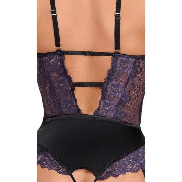 Lenjerie teddy COTTELLI Lingerie Body. body crotchless din dantelă florală cu portjartier. culoare mov cu negru. mărime S