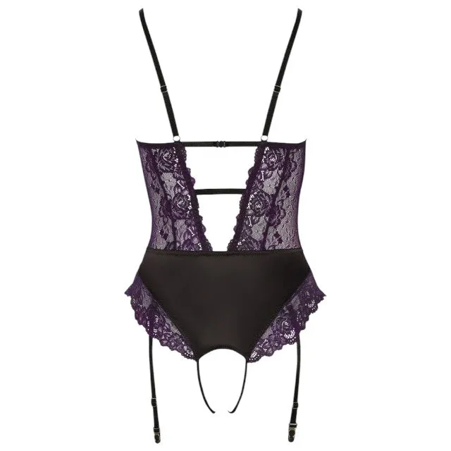 Lenjerie teddy COTTELLI Lingerie Body. body crotchless din dantelă florală cu portjartier. culoare mov cu negru. mărime S