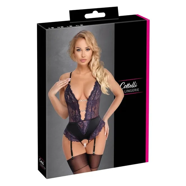 Lenjerie teddy COTTELLI Lingerie Body. body crotchless din dantelă florală cu portjartier. culoare mov cu negru. mărime S