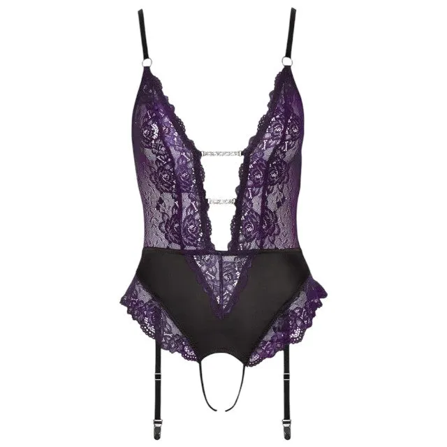 Lenjerie teddy COTTELLI Lingerie Body. body crotchless din dantelă florală cu portjartier. culoare mov cu negru. mărime S