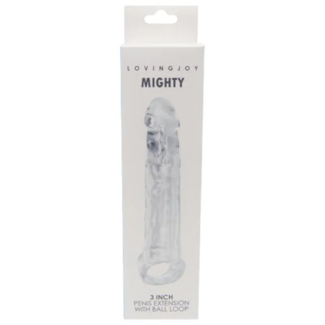 Manșon realist LOVING JOY MIGHTY 3 INCH. pentru extensia penisului. cu inel pentru testicule. lungime 22 cm. transparent