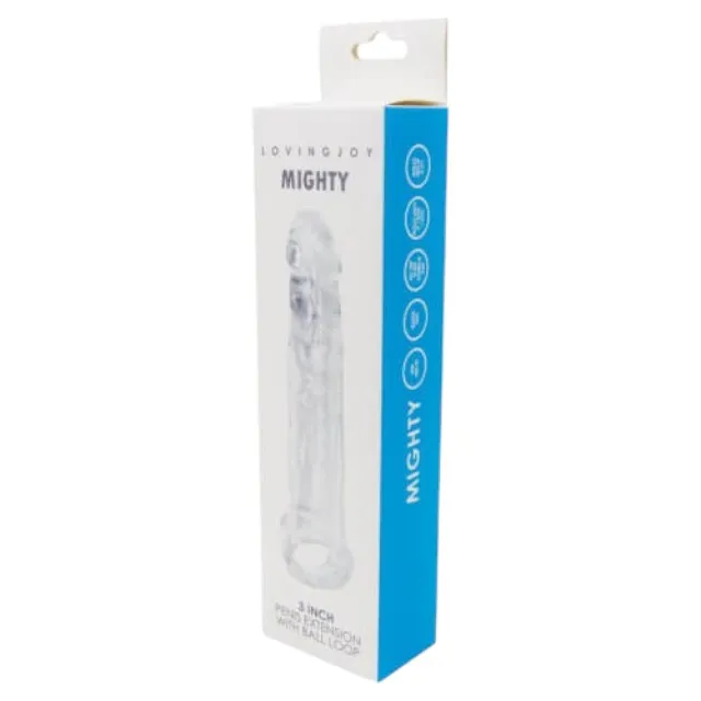 Manșon realist LOVING JOY MIGHTY 3 INCH. pentru extensia penisului. cu inel pentru testicule. lungime 22 cm. transparent