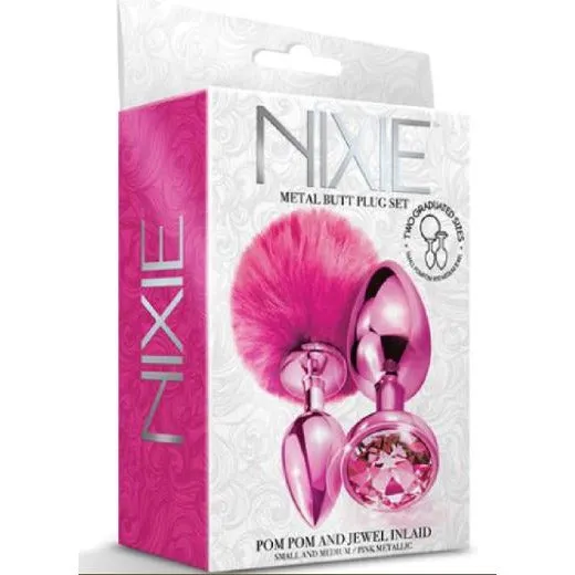 Nixie Metal Anal Plug with Pom Pom & Jewel Set 2pk by Global Novelties