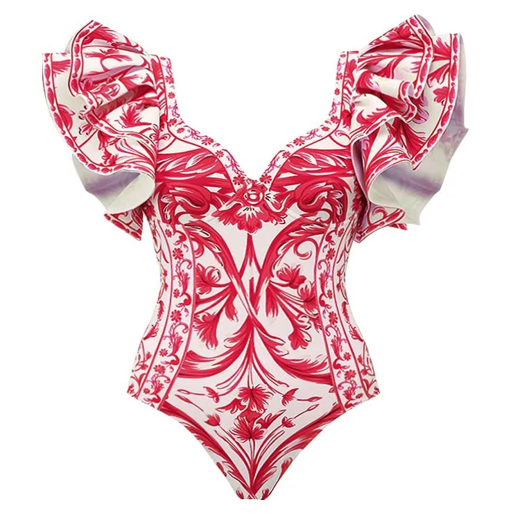 One Peice Floral Red Swimwear with Sarong By Sinderella