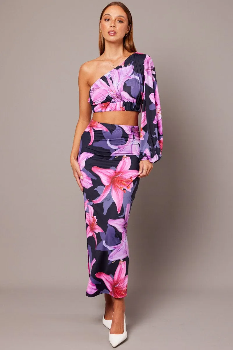 Pink Floral One Shoulder Top Balloon Sleeve Crop Top