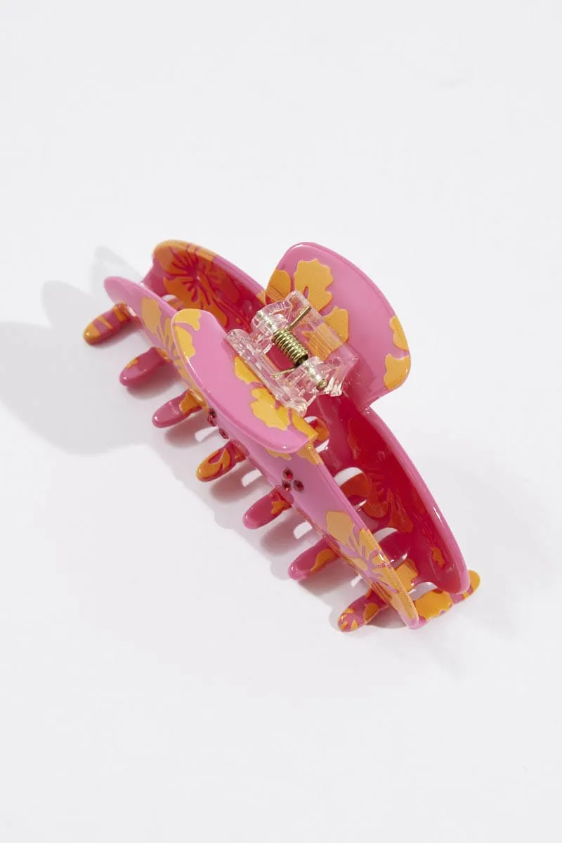 Pink Floral Print Claw Clip