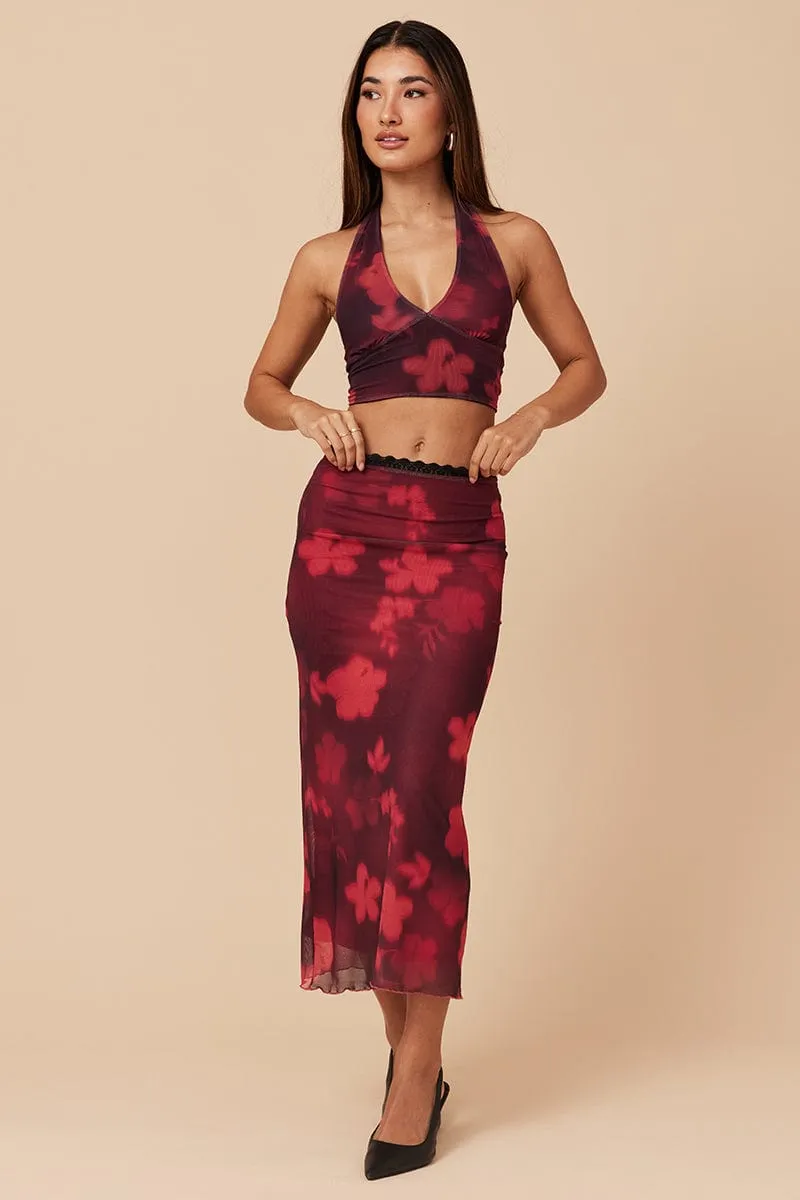 Red Floral Mesh Skirt Elasticated Lace Trim Midaxi