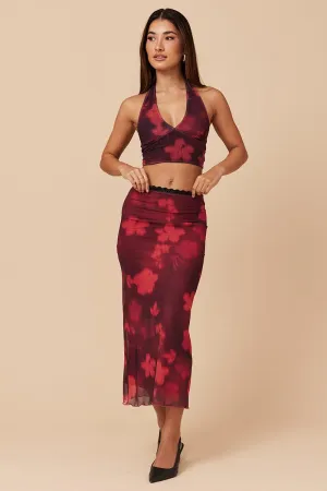 Red Floral Mesh Skirt Elasticated Lace Trim Midaxi