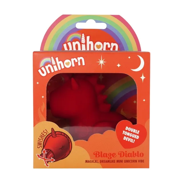 Stimulator clitoris UNIHORN Blaze Diablo. în formă de unicorn cu coarne de diavol. 10 funcții de vibrație. 10 funcții de mișcare. roșu