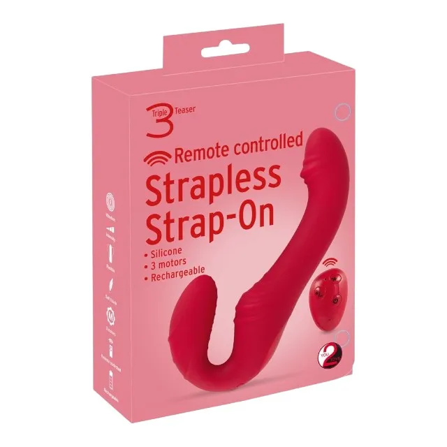 Vibrator dublu YOU2TOYS Strapless Strap-On 3. strap-on fără ham. control prin telecomandă. 9 funcții de vibrație. 19.1 cm. roșu